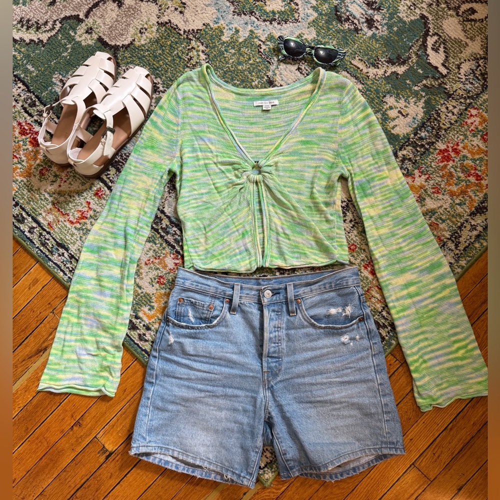 American Eagle Green Striped 70s Women's Top